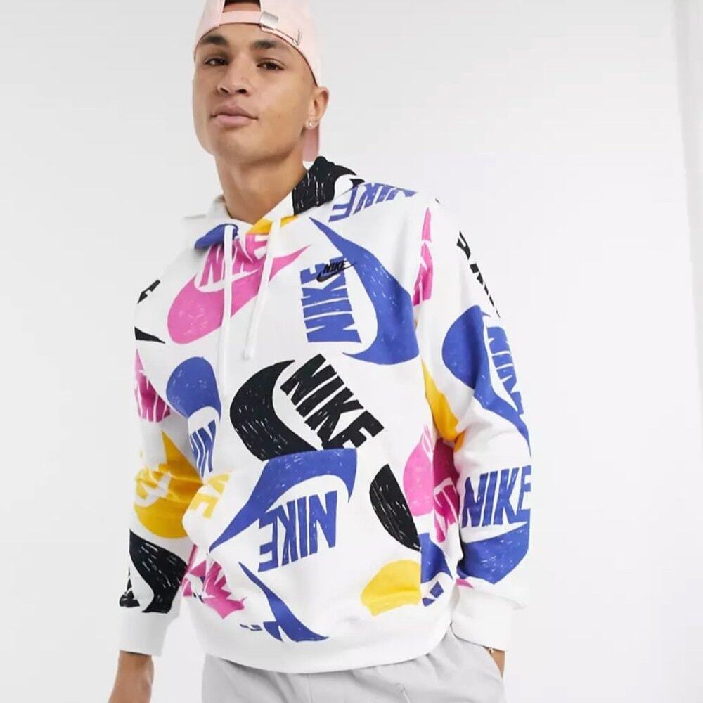 Nike Sportswear All Over Logo Hoodie Pink Blue Yellow Size Small Y2K Colorful